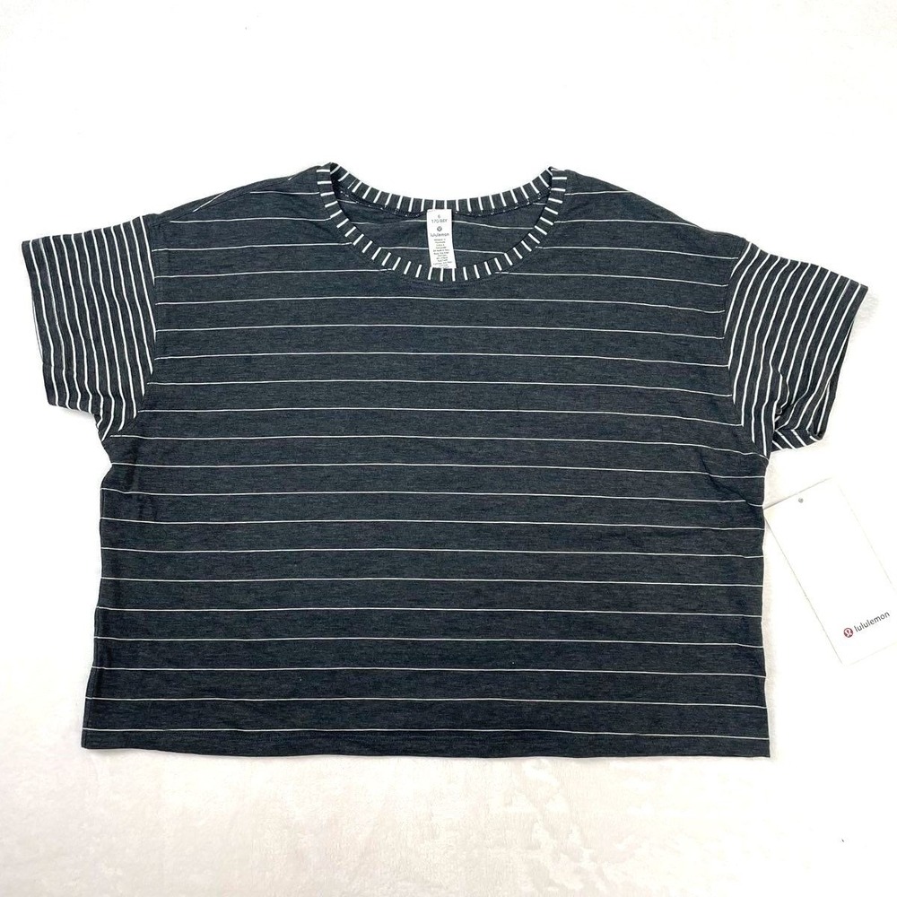 Lululemon Women's Cates Tee Gray Striped Pima Cotton Relaxed Fit NWT Sz 6